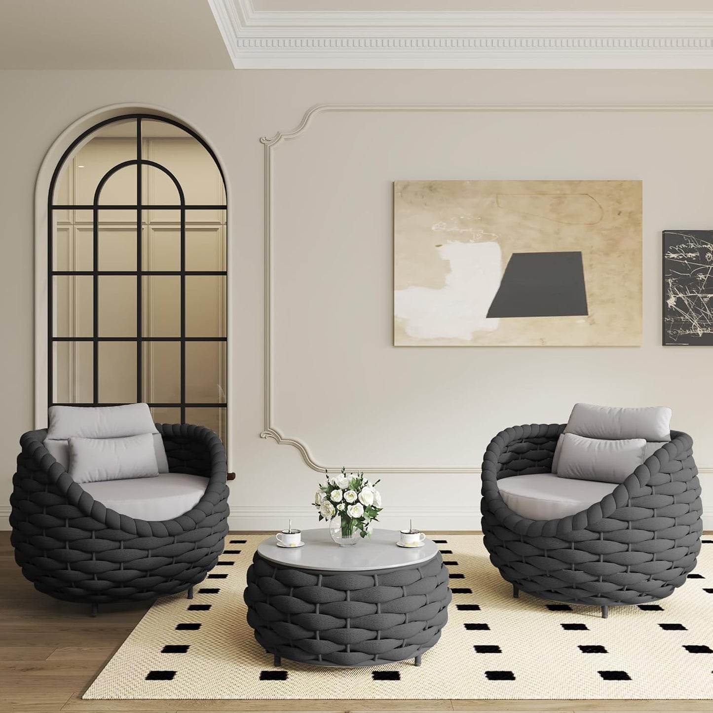 3 Pieces Aluminum Patio Furniture Set Modern Patio Set with Coffee Table, No Assembly Required Outdoor Conversation Set with Dark Grey Cushions for Balcony, Porch, Lawn