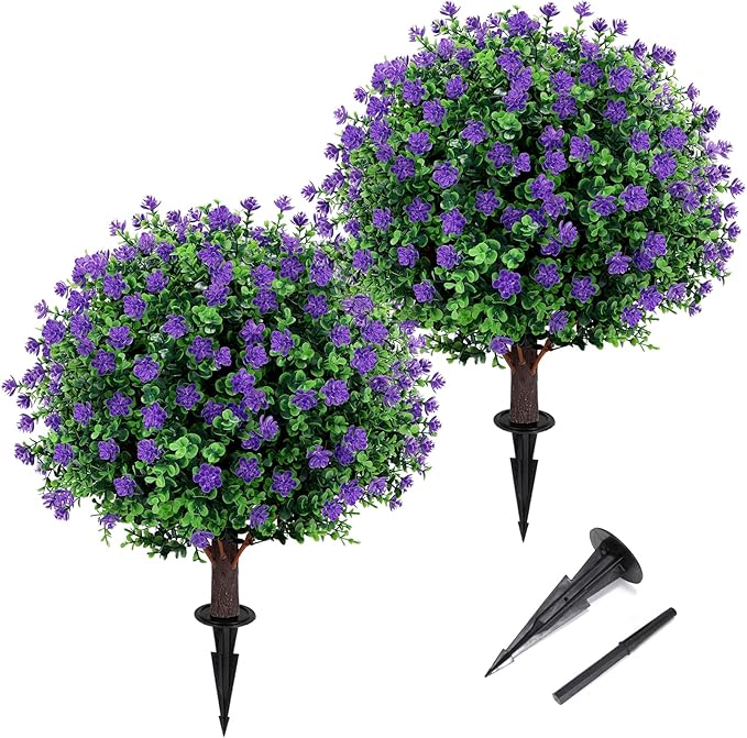 Artificial Purple flower Topiary Ball Tree 25" with Ground Spike, Set of 2 Artificial Boxwood Bushes for Faux Shrubs, Fake Evergreen Faux Plant for Indoor Outdoor Garden -UV Resistant–Fade-Proof
