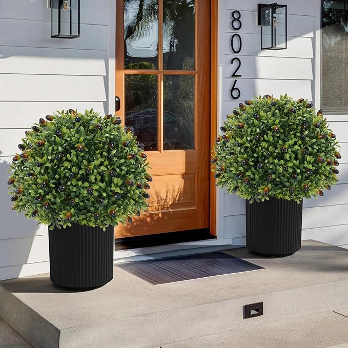 Artificial olive Topiary Ball Tree 24" with Ground Spike, Set of 2 Artificial Boxwood Bushes for Faux Shrubs, Fake Evergreen Faux Plant for Indoor Outdoor Porch Garden -UV Resistant–Fade-Proof