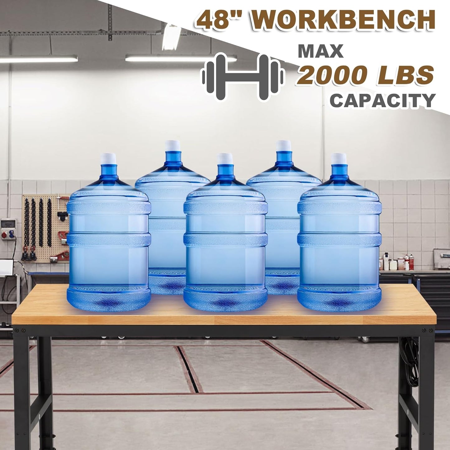 HABUTWAY Height Adjustable Workbench 48"x 24" 2000 Lbs Capacity Solid Wood Work Station Heavy-Duty Work Tables with Power Outlets for Garage Party Shop Office