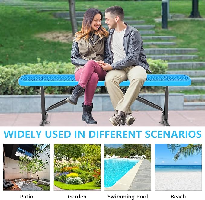 48" L Outdoor Steel Flat Bench, Heavy Duty Metal Park Bench for Outside, Expanded Metal, Commercial Benches Mesh Bench for Shopping Mall, Store, Lawn, Park, Patio, Deck, Garden (Blue, 6FT)