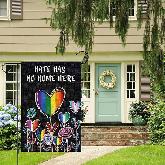 Hate Has No Home Here Pride Garden Flag 12x18 Double Sided Burlap, Small Rainbow Love Heart Gay Lesbian LGBT Pansexual Yard Sign Banner for Pride Month Porch Outdoor Decor