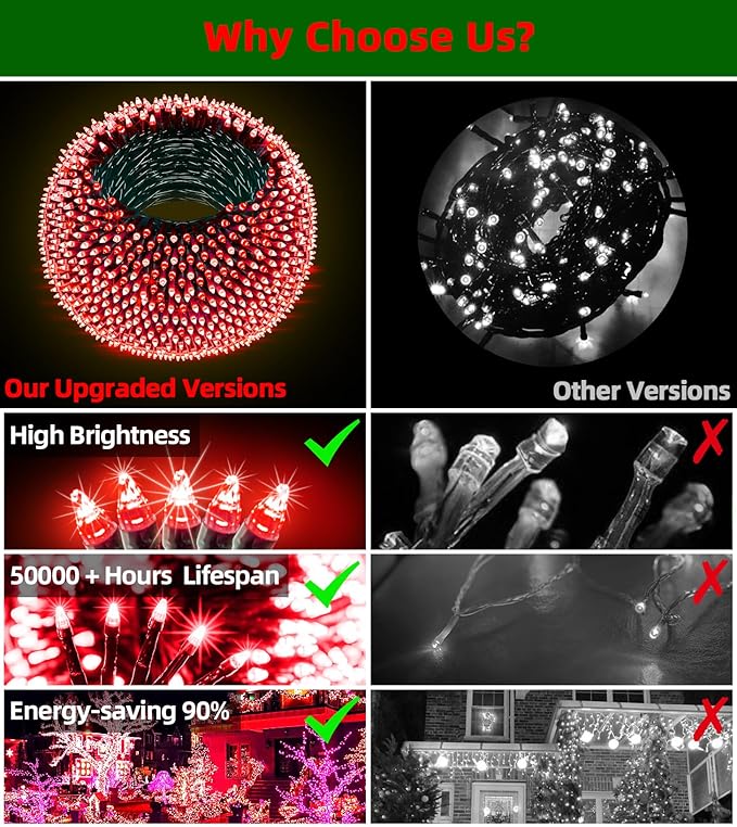 750 LED Outdoor Christmas Lights Decorations, 246ft Green Wire LED Christmas String Lights with Timer Memory, Twinkle Lighs for Indoor Outdoor Xmas Party Christmas Tree Wedding Garden Patio Red