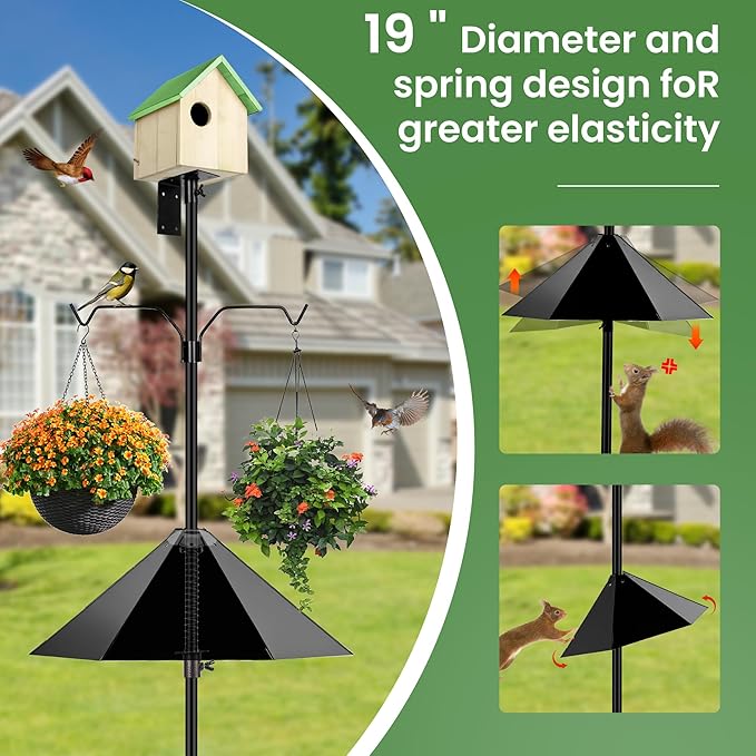 Bird House Pole, 95 Inch Heavy Duty Bird Feeder Pole Mount Kit for Outdoors, Adjustable Feeding Stand, with 2-Hooks, Metal Squirrel Baffle and 5-Prong Base, for Birds Watching