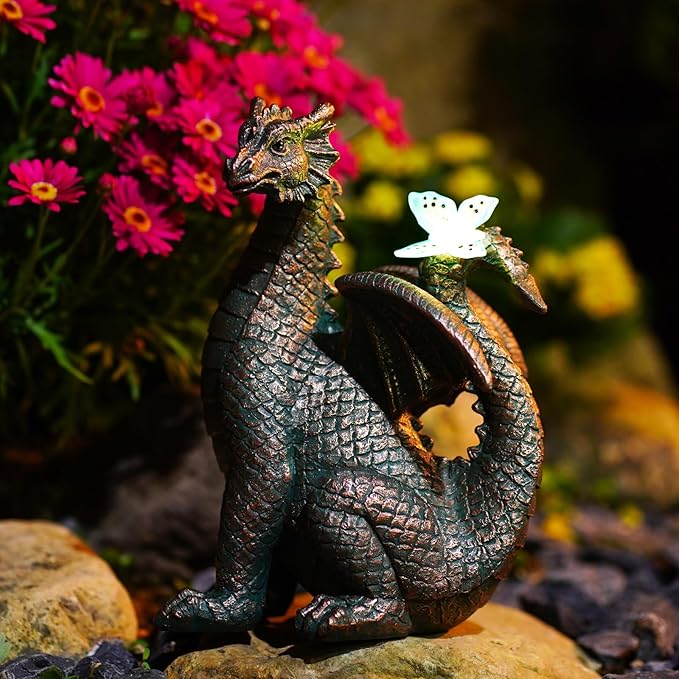 Garden Decor Solar Dragon Statues: Outdoor Sculptures with Glowing Butterfly for Lawn Ornaments Yard Art Porch Patio Balcony - Gifts for Mom Grandma Women