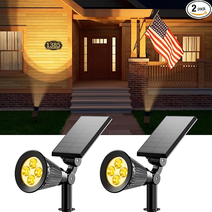 2 Pack Solar Spotlights Outdoor Waterproof for Flag, Tree, Statue, Wooden Sign, Plant Pot, Bright LED Outside Landscape Flood Lamp for Decoration Uplighting Yard, Garden, House, Walkway, Ground, Fence
