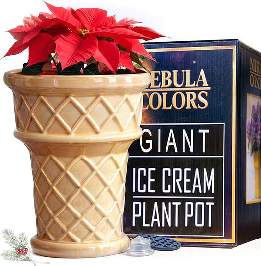 Fun & Unique Giant Ice Cream Cone Planter & Vase Quirky Large Ceramic 12” Tall Indoor Outdoor Vase for Plant Lovers – Perfect for Multiple Plants or Statement Garden Art