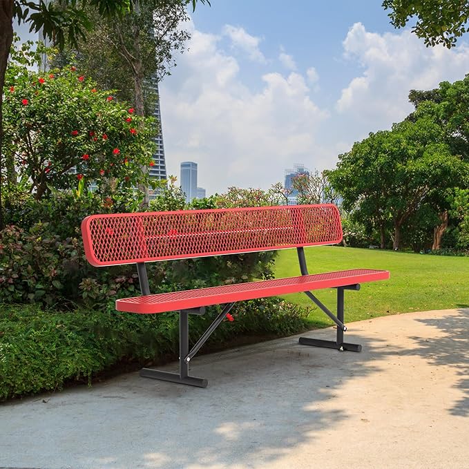 4/6/8 Feet Park Bench for Outside Heavy Duty Metal, Garden Benches Outdoor Bench with Backrest & Portable Frame, for Shopping Malls Stores Parks Patios Decks, Red