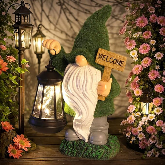 Garden Gnome Statue Solar Light Outdoor Decorations Figurine Welcome Sign with Lantern Sculpture Garden Decor Lawn Patio Yard Porch Outside Housewarming Gifts for Women Mom Grandma
