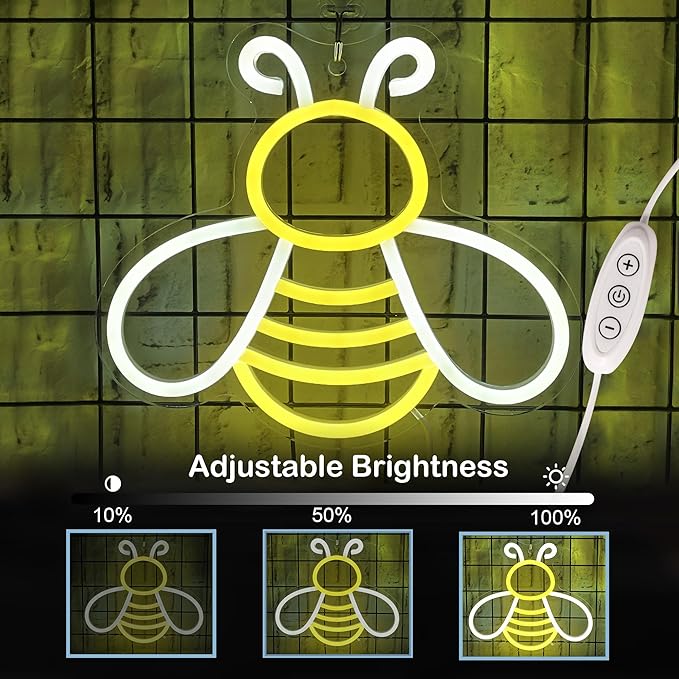 Bee Neon Sign - Dimmable Honey Neon Light Wall Decor, Birthday Party Decorations for Home, Patio, Garden, Bars, Hotels, Stores - Gift for Friends, Family, and Kids