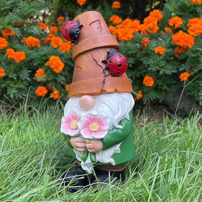 Garden Gnome Statues Outdoor Decor, Solar Gnomes with LED Lighted Flowers, Solar Resin Outdoor Statue Sculpture, for Woman Gift Home and Garden Decor
