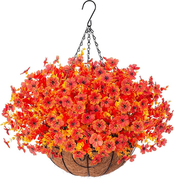 Artificial Fake Fall Autumn Hanging Mums Flowers Plants Basket for Outdoor Outside Decor, Faux Silk Orange Dasiy Flower Look Real UV Resistant for Porch Home Patio Garden Decoration