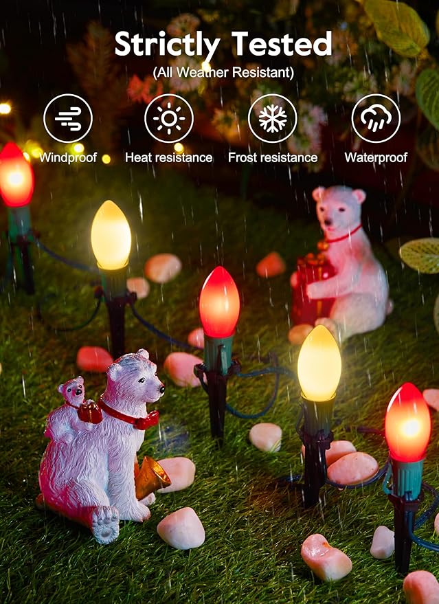 Brightown Frosted C9 LED Christmas Lights Outdoor, 32Ft Christmas Pathway Lights with 25 LED Bulbs and Stakes, Christmas Decorations Outside Driveway Walkway Sidewalk, Red and Warm White