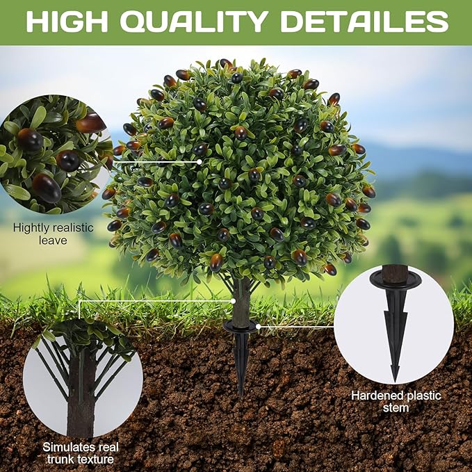 Artificial olive Topiary Ball Tree 24" with Ground Spike, Set of 2 Artificial Boxwood Bushes for Faux Shrubs, Fake Evergreen Faux Plant for Indoor Outdoor Porch Garden -UV Resistant–Fade-Proof