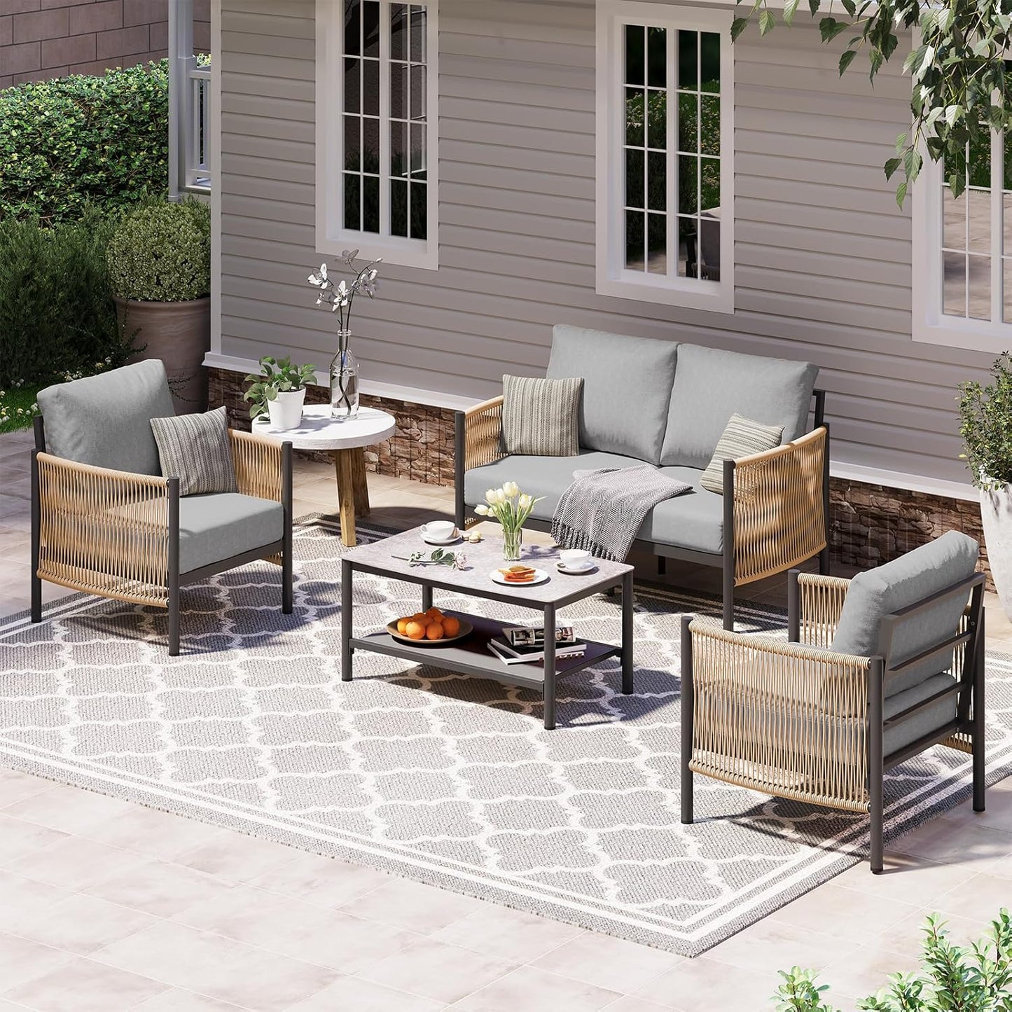 Aluminum Outdoor Patio Furniture Set, HDPE Rope 4 Piece Modern Sectional Conversation Sets with Dual-Layer Coffee Table, All Weather Patio Couch Sofa with Thick Cushions, Gray Frame, Gray