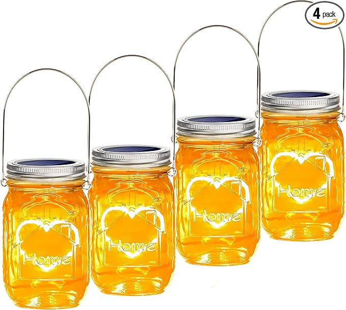 Hanging Solar Mason Jar Lights, 4 Pack Warm Heart Shape Led Lights, Solar Powered Lanterns Outdoor Waterproof, Hangers and Jars Included, Gift for Lover, Home Party Wedding Garden Patio Decor (4)