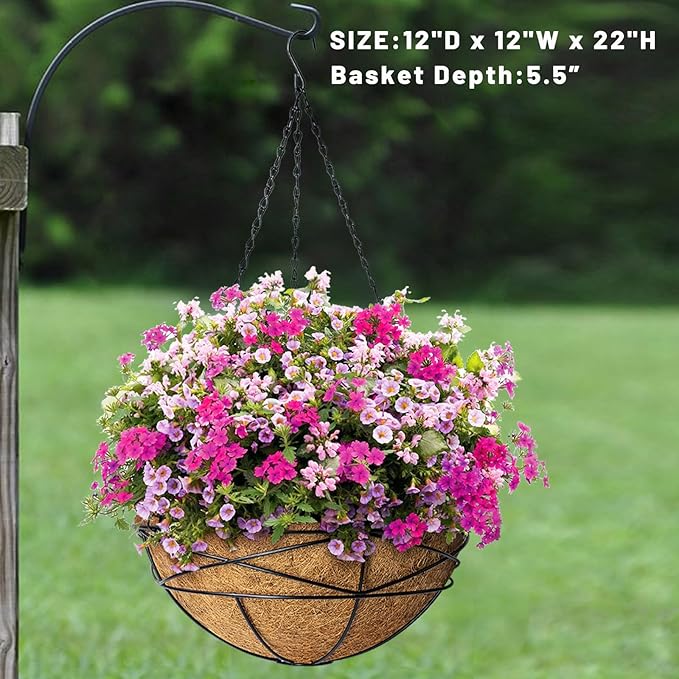 4 Pack 12 Inch Hanging Planters for Outdoor Plants Metal Watering Flower Baskets with Coco Liner for Hanging Pot Round Plant Holders Planter for Outside Garden Decoration