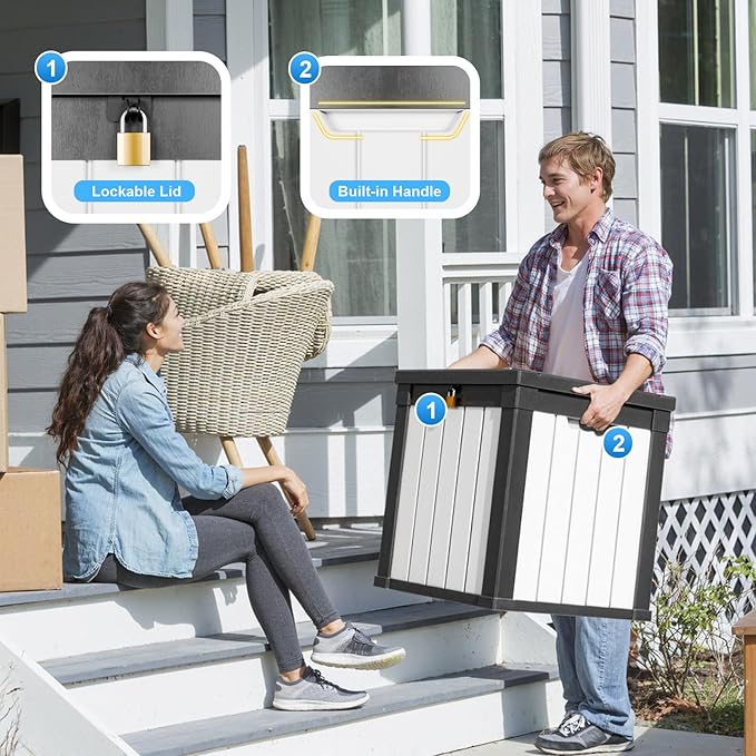 50 Gallon Outdoor Deck Box,Storage Lockable Waterproof Patio Furniture,Garden Tools,Cushions,Pool Accessories Outside Storage Resin Box(SM Black&White)