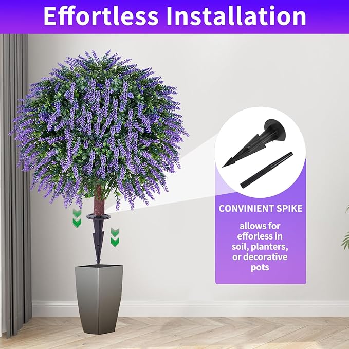 Artificial Lavender Topiany Ball Trees Set of 2,17” Resistant Fake Evergreen Shrubs with Ground SpilRealistic Outdoor Indoor Plants for Garden Porch Maintenance-Free Potted