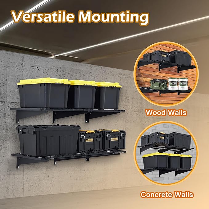 Garage Wall Shelving, 2-Pack 2 x 4ft Garage Storage Rack,Loads 700 lbs 24-inch-by-48-inch Heavy Duty Wall Shelves,24” x 48” Garage Wall Shelf,Black