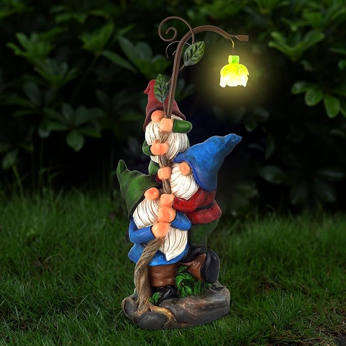 Gnome Figurine Garden Decor, Solar Resin Gnomes Outdoor Statue, Funny Gnome Gift Sculpture Decoration for Home Patio Yard Lawn Porch Ornament