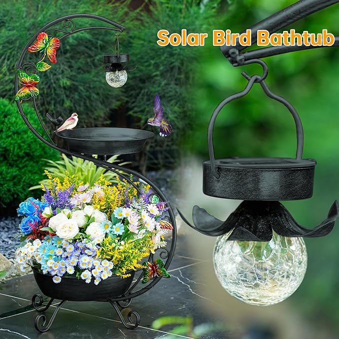 Bird Bath for Outside with Solar Lamp, 36" Birdbaths for Outdoors with Planter Flower Pot, Metal Bird Bath Bowl for Garden Yard Decor (All Black)