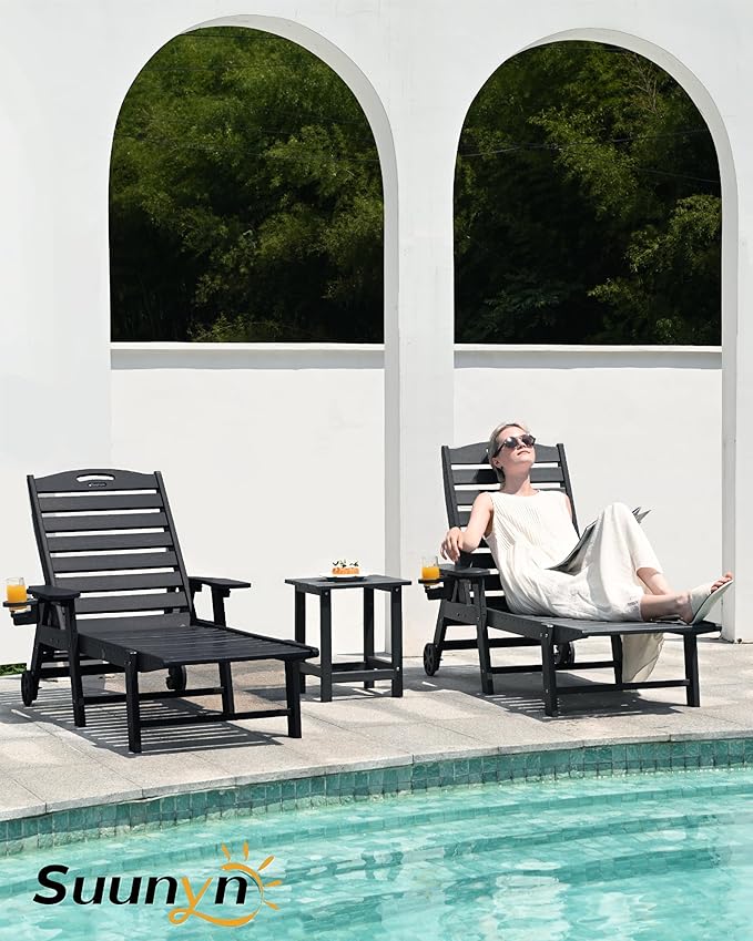Lounge Chair Outdoor Set of 2, HDPE Chaise Lounge Outdoor with 6-Position & Wheels &Cup Holder, Pool Lounge Chair for Pool Poolside Deck Backyard Patio, Black