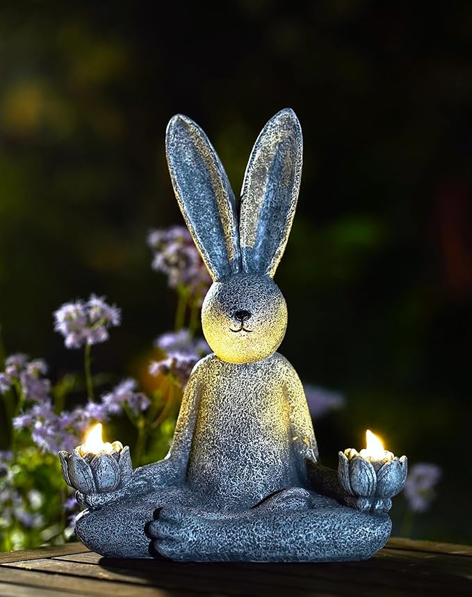 Goodeco Zen Rabbit Statue with Solar Lotus - Garden Yoga Bunny with LED Solar Lotus Lights, Sitting Meditating Buddha Rabbit Serene Resin Figurine for Patio Yard Lawn Ornaments, Home or Outside