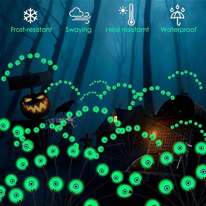 Halloween Decorations, 4 Pack 40LED Solar Halloween Lights Outdoor Scary Eyeball Waterproof Halloween Solar Garden Lights Swaying Firefly Lights for Yard Garden Patio Party Decor Green