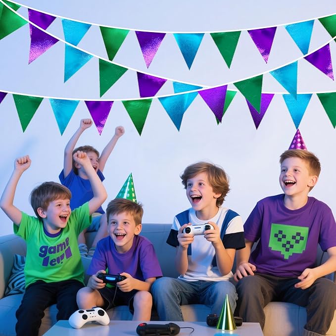 Blue Green Purple Party Decorations Metallic Fabric Triangle Pennant Banner Flag Bunting for Men Boys Video Game Theme Birthday Graduations Retirement Wedding Bachelor Baby Shower Party Supplies