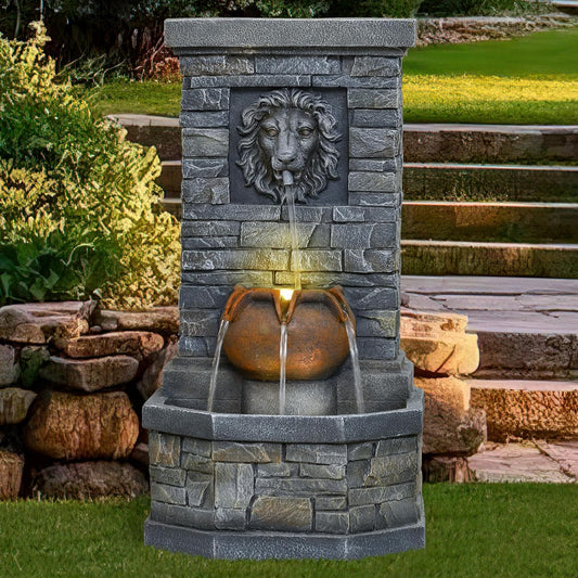 32.28'' Outdoor Garden Floor-Standing Water Fountain Lion Head Stone with Lights Outdoor Waterfall for Patio, Backyard, Deck, Porch and Home Art Decor