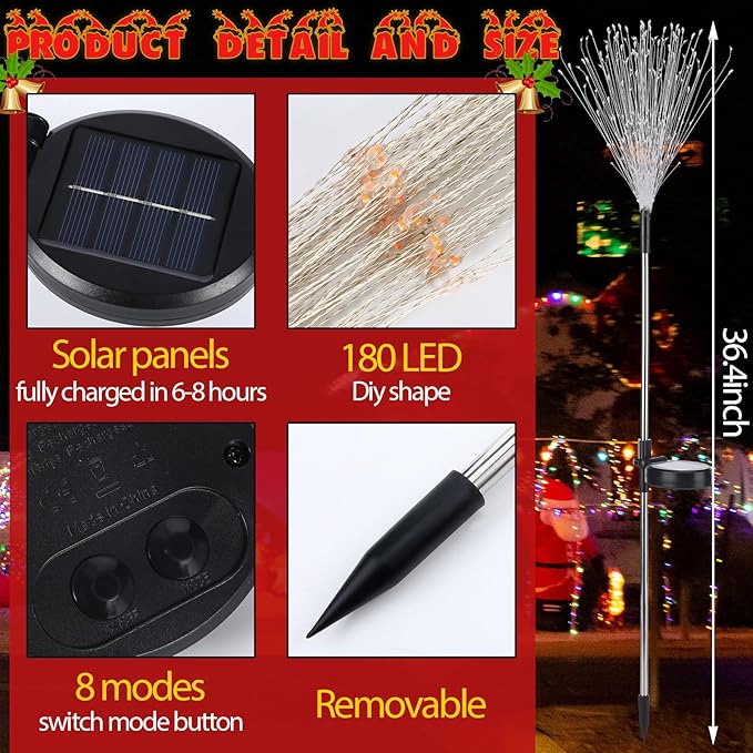 6 Pcs St. Patrick's Day Solar Firework Stake Lights 180 LED 8 Modes Solar Waterproof LED Sparkler Lights Outdoor Decoration for Garden Patio Yard Pathway Walkway Lawn, Red Green White