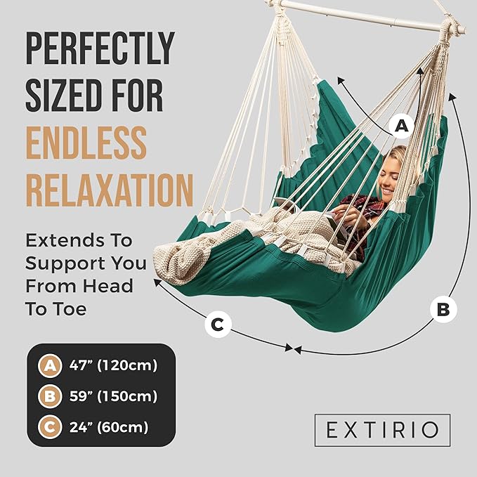 Hanging Hammock Chair Swing – Hanging Chair Outdoor & Indoor - Hammock Swing Chair – Quick & Easy Setup with Hardware Kit – Durable & Spacious Full Body Support – Holds 440 Lbs