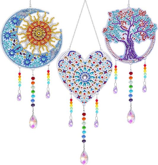 3 Pack Diamond and Painting Suncatcher Window Hanging Ornament Crystal Window Garden Decor DIY Kits for Beginners Adult Kids -Tree, Moon, Heart