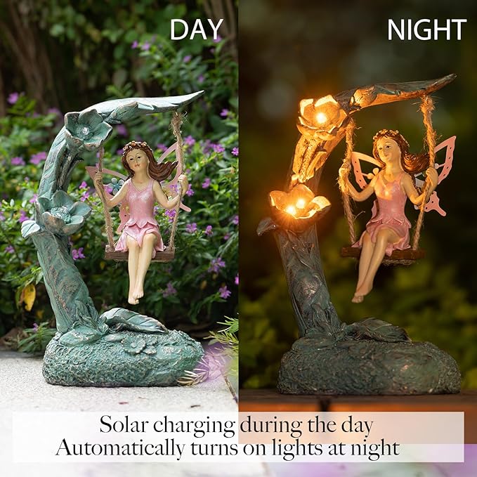 Garden Flower Fairy Outdoor Statue, Patio Lawn Yard Porch Decor, Funny Swing Ornaments, 9.05 Inches Tall