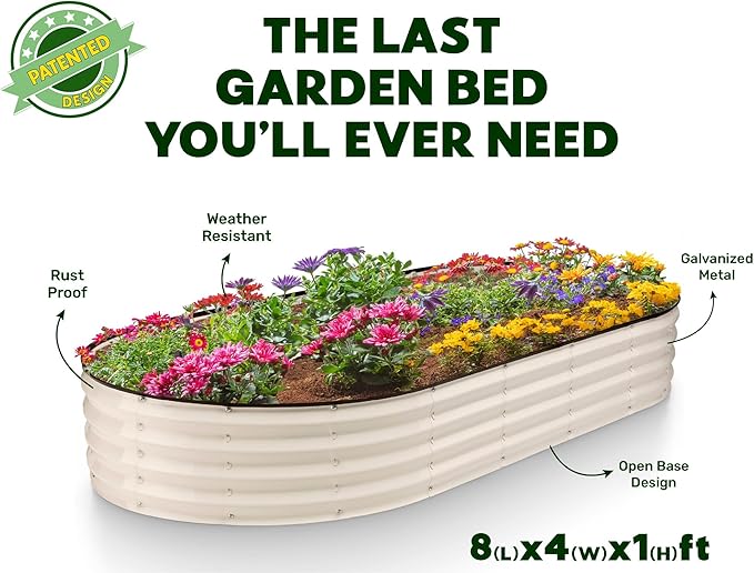 Galvanized Raised Garden Beds Outdoor // 8×4×1 ft Planter Raised Beds for Gardening, Vegetables, Flowers // Large Metal Garden Box // Patented Tool-Free Design (White)
