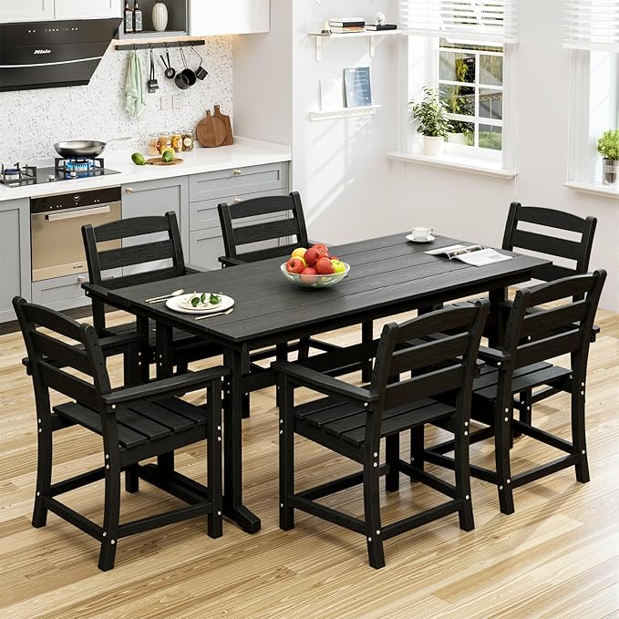 7pcs Outdoor Dining Set, HDPE Patio Dining Set for 6, All-Weather Outdoor Table and Chairs with Umbrella Hole & Adjustable Pads, Modern Patio Furniture Set for Backyard, Poolside &Lawn (Black)