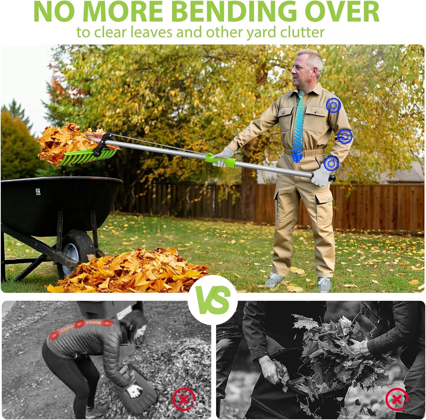 2-in-1 Leaf Grabber Rake, Back Saving Leaf Scoops and Claws with Long Handle, Efficient Leaf Picker Upper Grabber, Leaves Pickup Shovel for Lawns Yard Work Gardening