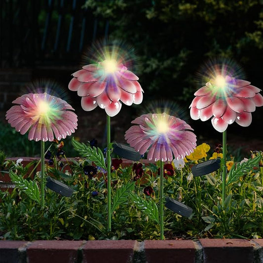 4Pcs 25" Solar Garden Decor for Outside, 3D Metal Flowers for Outside, Valentines Day Garden Stakes Decoration, Solar Lights Garden Decor, Yard Art for Lawn Patio Porch Gifts for Her