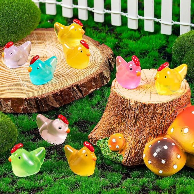 128PCS Luminous Mini Resin Chickens Miniature Animals, Tiny Chickens Miniature Figurines Glow in The Dark for Micro Garden, Potted Plant, DIY, Home Outdoor Party Decor (8 Colors)