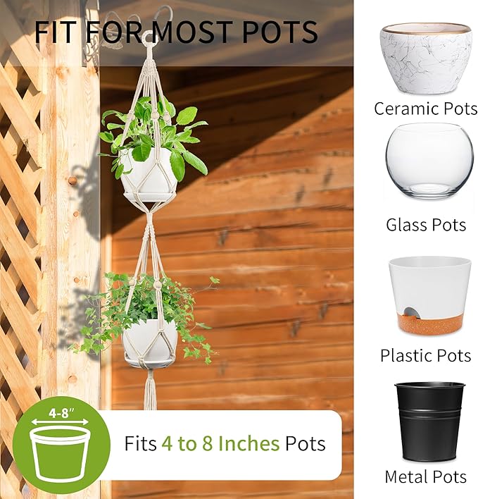 2 Pack Macrame Plant Hanger, 49 Inch, Fits 4-8 Inch Pots, 2 Tier Indoor Outdoor Hanging Planter Basket Flower Pot Holder, Boho Home Decor, Ivory (POTS NOT Included)