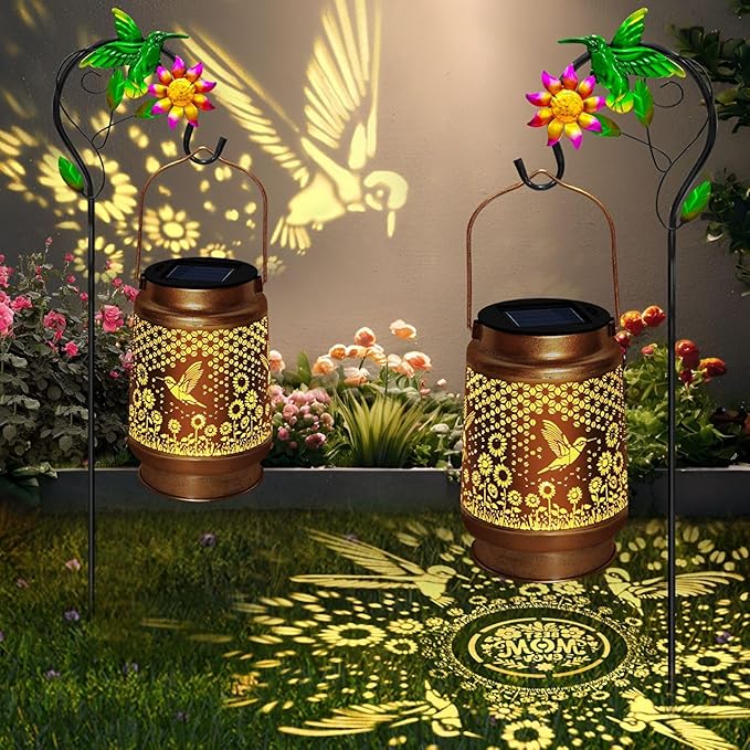 2 Pack Solar Lanterns Outdoor Decor - Perfect Gifts for Mom Women Grandma, Solar Powered Hummingbird Sunflower Lantern with 8-Hour Runtime, Waterproof & Easy to Use for Garden, Patio, Yard