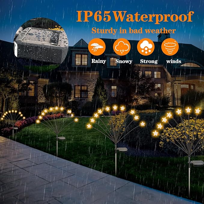 2 Pack Star Solar Firefly Lights, Outdoor Waterproof Garden Lights,Decorative Lights, Flexibility Swaying Lights for Pathway Yard Walkway Patio Decoration, Warm White