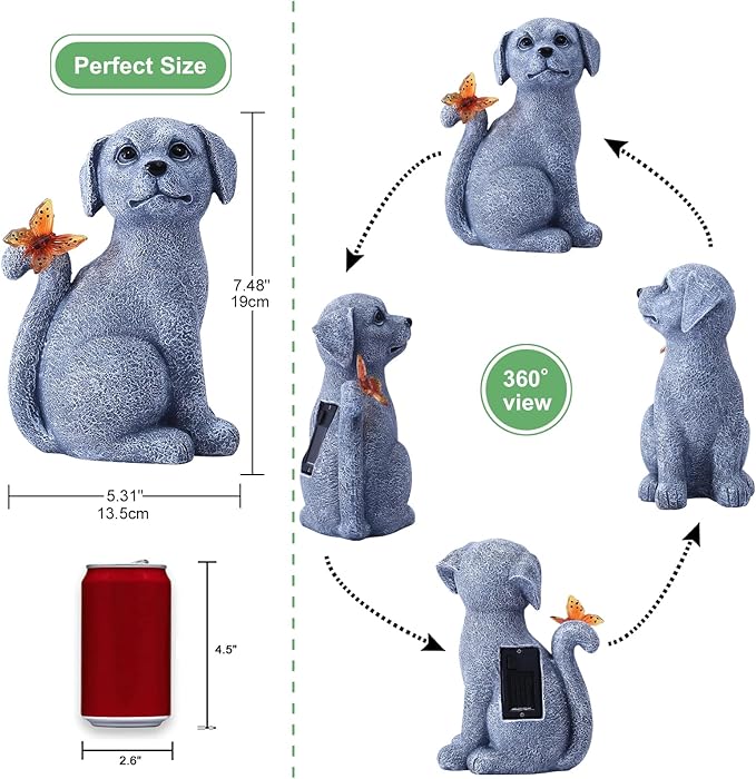 Garden Decor Solar Dog Statues: Outdoor Sculptures with Glowing Butterfly for Lawn Ornaments Yard Art Porch Patio Balcony - Gifts for Mom Grandma Women