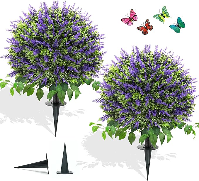 28" Artificial Boxwood Topiary Ball with Lavender, UV Resistant Topiary Tree Faux Boxwood Ball Shaped Porch Bushes with Ground Spike Artificial Bushes for Outdoors Front Door Decor Home Garden
