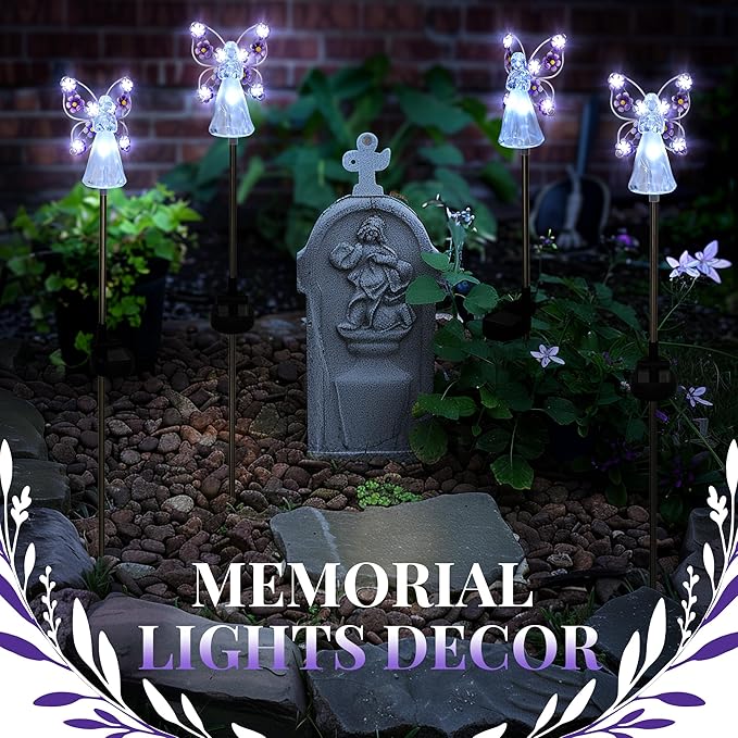 GIGALUMI Solar Angel Garden Stake Lights - 4 Pack Angel Solar Lights Outdoor Garden, Eternal Light Angel with 7 LEDs for Cemetery Grave Decorations, Memorial Gift, Christmas Yard Art, Sympathy Gift