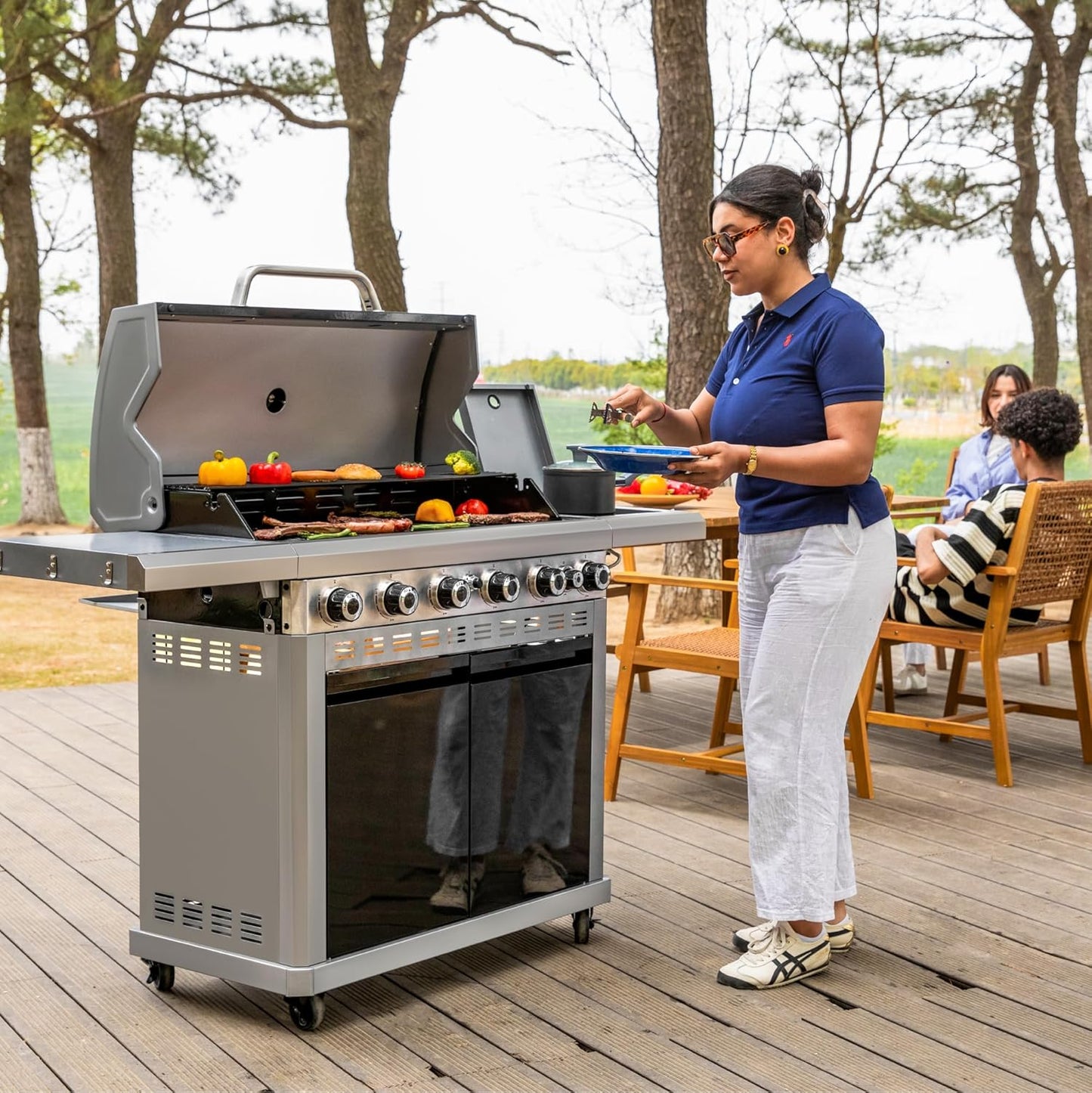 2 in 1 Propane Griddle Grill Combo, 6-Burner Propane Gas BBQ Combo Grill with Porcelain-Enameled Cast Iron Grates & Plate, 42,000 BTU with Side Stove for Outdoor Cooking Camping Patio Backyard