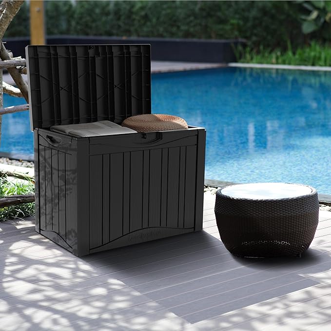 50 Gallon Plus Outdoor Storage Box, Waterproof Resin Deck Box for Patio, Pool, and Garden, Lockable Bin for Cushions, Tools, and Accessories, UV-Resistant, Black