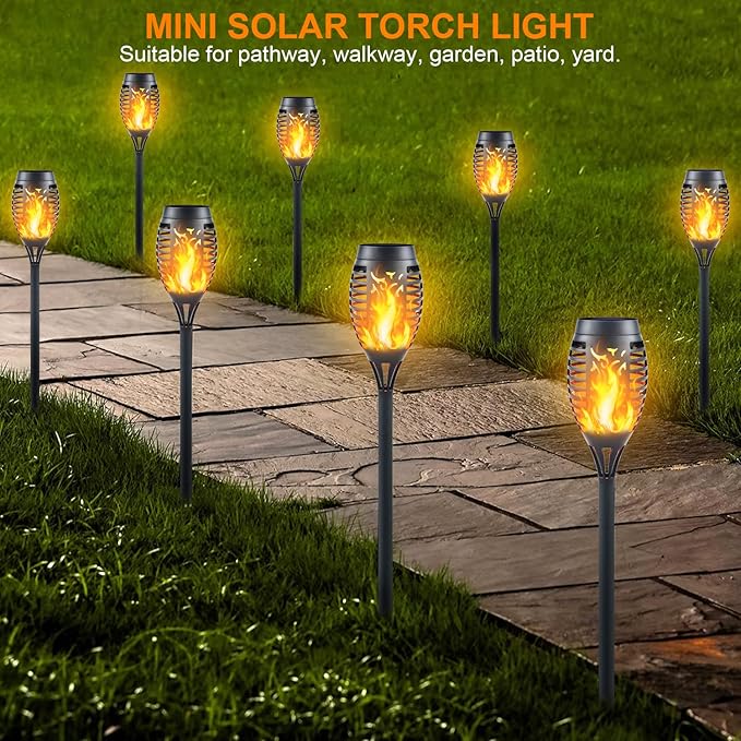12-Pack Solar Torch Lights with Flickering Flame - 12LED Mini Fire Effect Solar-Powered Tiki Torches, Waterproof Outdoor Lighting with Auto On/Off, Perfect for Garden, Patio & Pathway Decor
