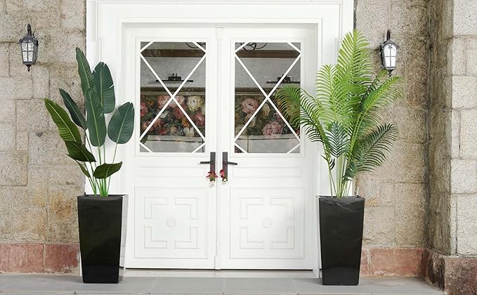 30" Tall Planters Set of 2, Outdoor＆Indoor Black Planter Pots, High Front Porch Planter Pots with Drainage Holes＆Water Level Monitor Movable Wheels ＆Inner Bucket, Automatic Watering,Black